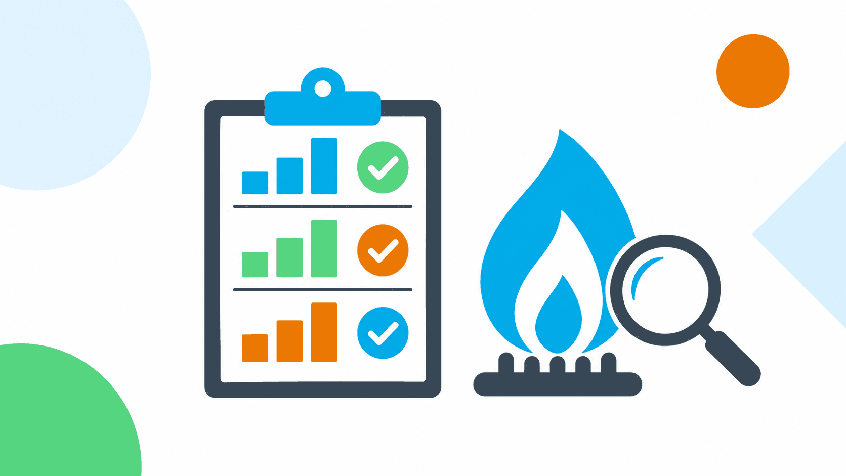Illustration of a complaint-record scorecard on a clipboard beside a natural gas flame and a magnifying glass
