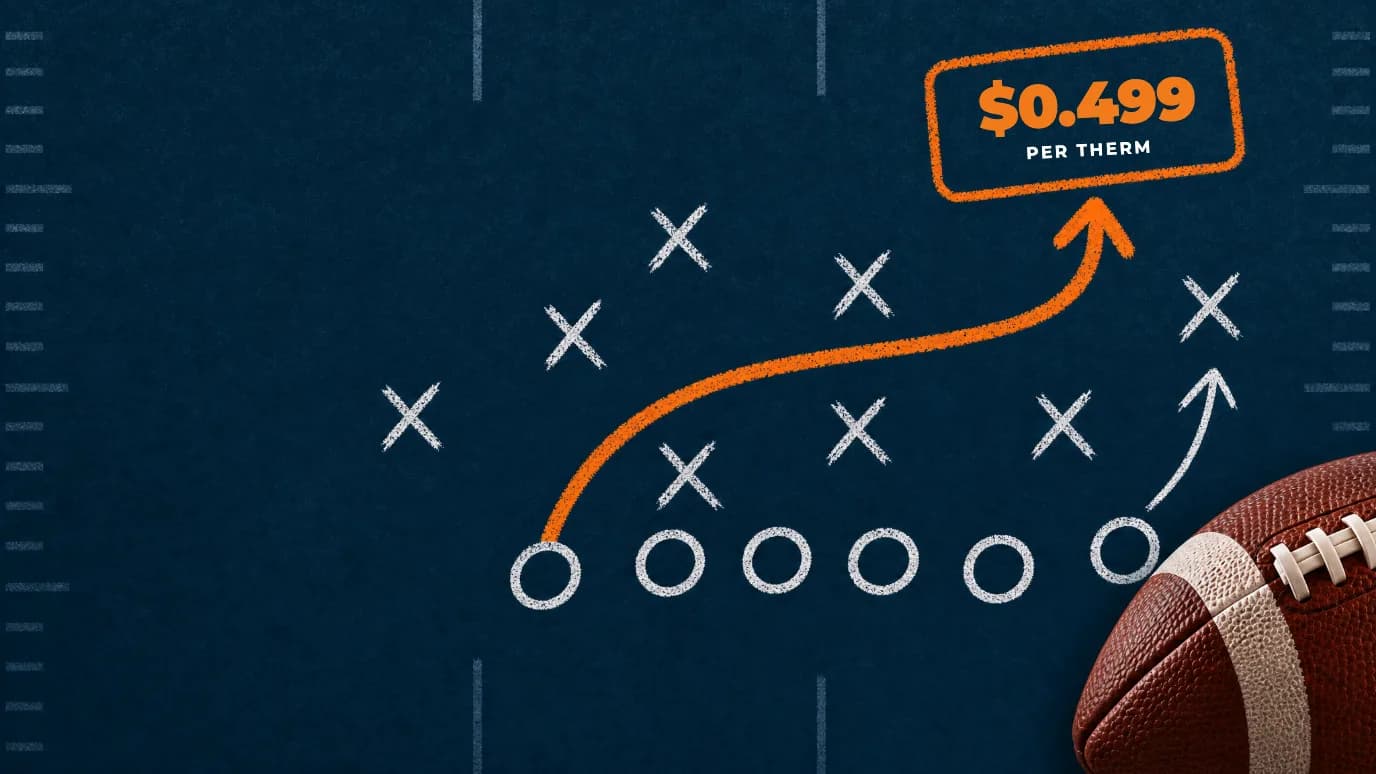 Chalkboard football play with an orange route leading to $0.499 per therm