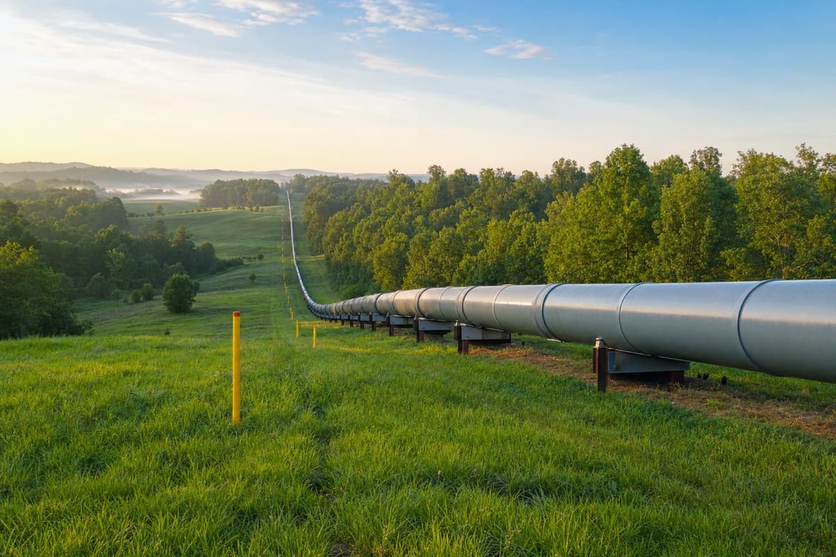 A natural gas transmission pipeline running through the green Georgia countryside at sunrise